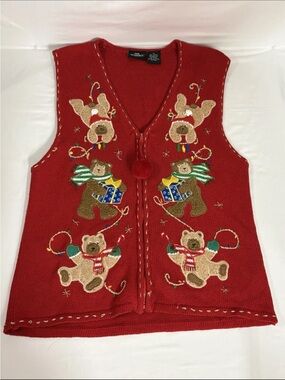 Vintage Women's Christmas Sweater Embroidered Festive
Animals Red Size M